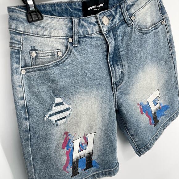 Homme + Femme NEW Mens Hand Painted Logo Distressed Jean Shorts Sz 30 Blue - Picture 2 of 10